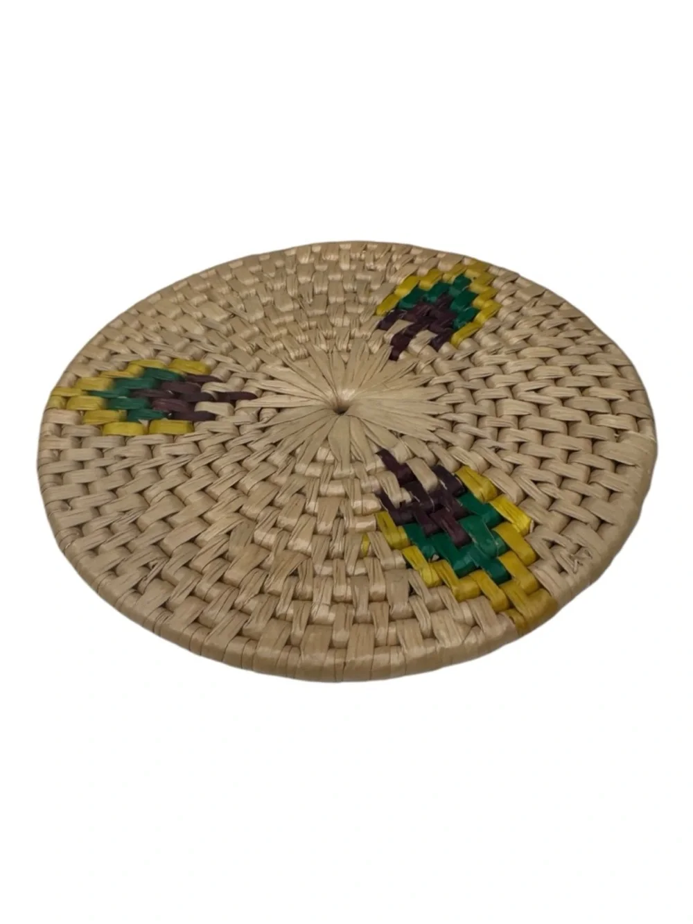 Woven Rattan Coasters Set of 4 with Green & Yellow Accents